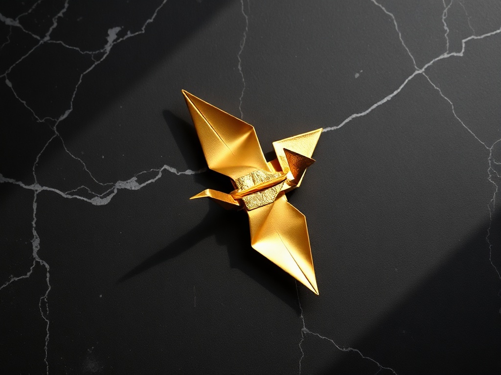 Top-down view of an origami crane made from gold foil, resting on a black marble surface, dramatic side lighting, minimal composition, 8k photorealistic, commercial photography